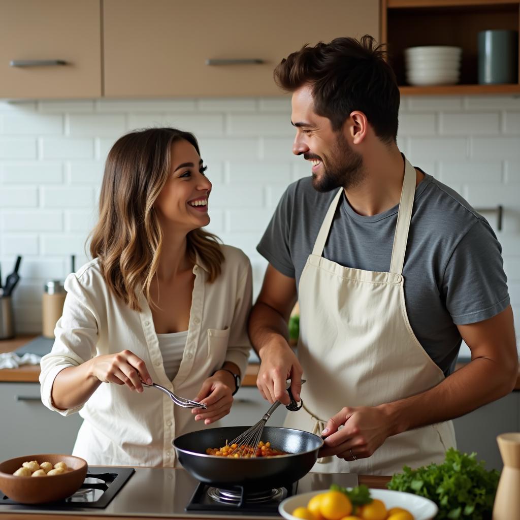 Ảnh cặp đôi yêu nhau cùng nhau nấu ăn trong bếp, cô gái đang cười nhìn chàng trai