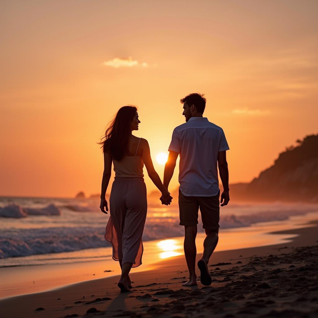 Ảnh cặp đôi yêu nhau nắm tay nhau đi dạo trên biển lúc hoàng hôn lãng mạn