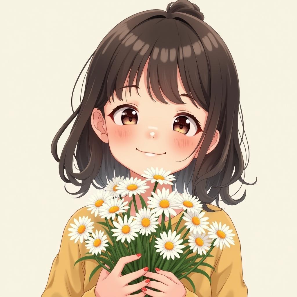 Hình ảnh đẹp cute cô gái Hàn Quốc cầm bó hoa cúc