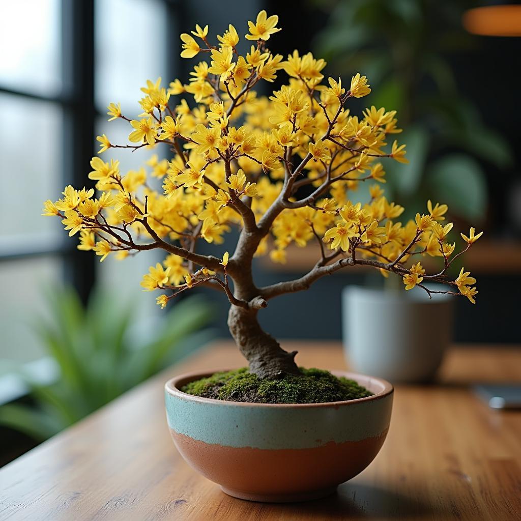 Hình ảnh hoa mai bonsai mini trang trí bàn làm việc, mang đến sự tinh tế
