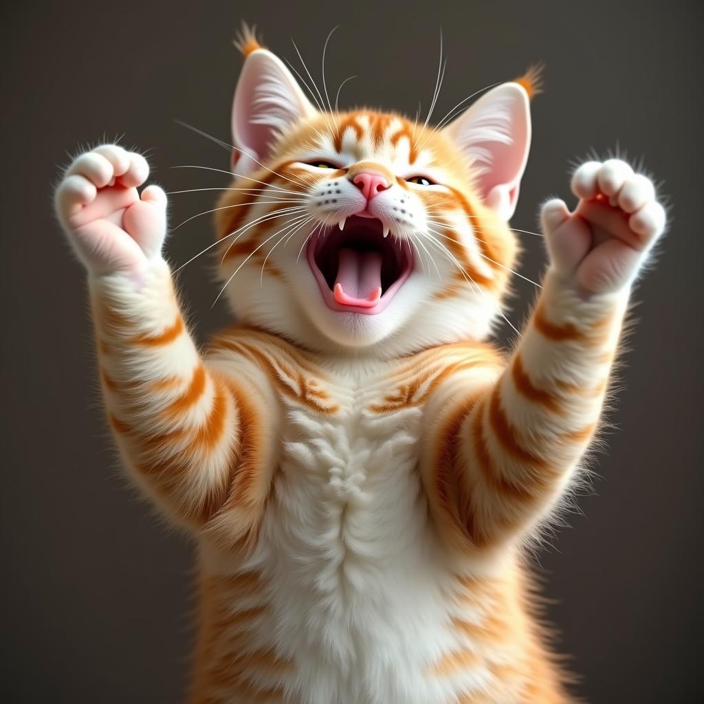 Hình ảnh meme mèo chúc mừng thành công, giơ tay cổ vũ, thể hiện sự vui mừng