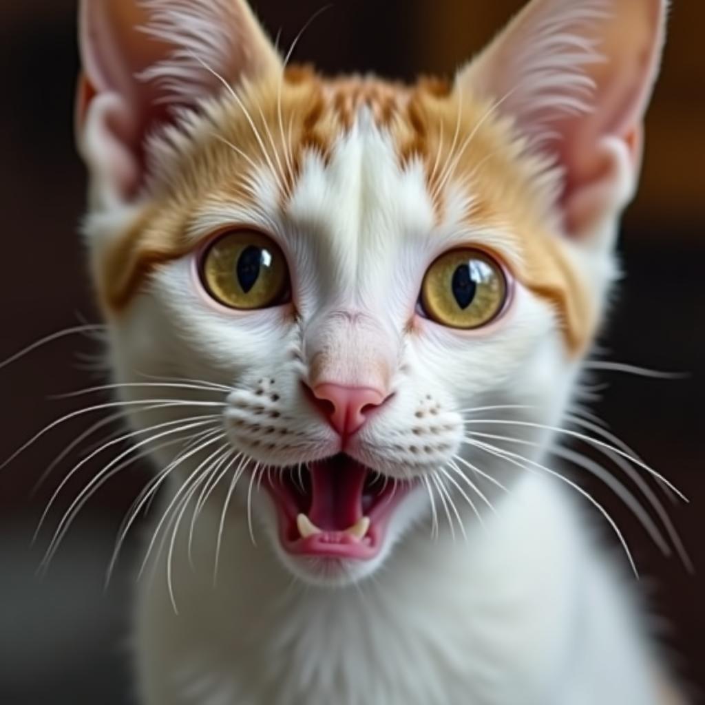Ảnh mèo có biểu cảm ngơ ngác, khó hiểu, mắt mở to và miệng hơi há