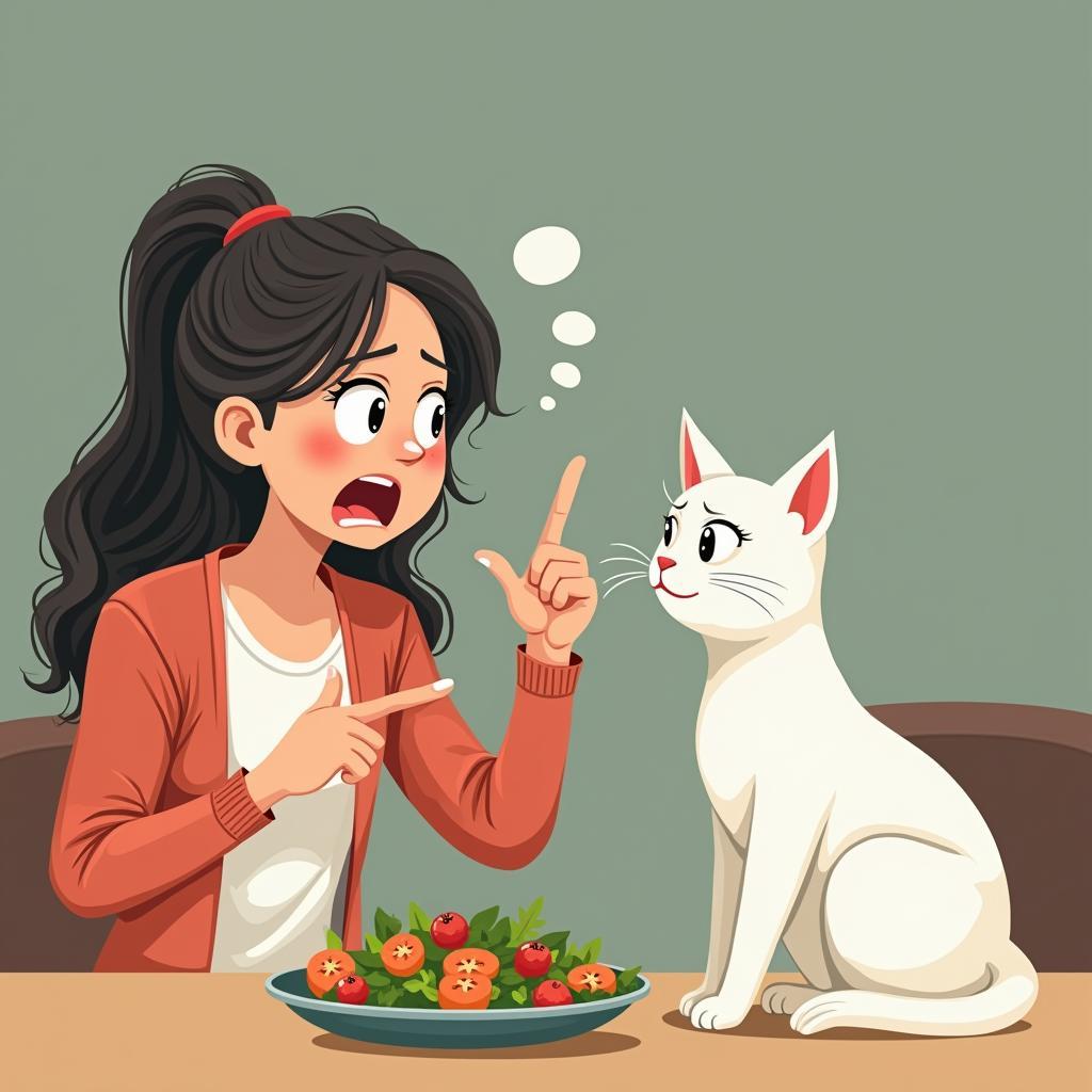 Ảnh mèo đang ăn rau thản nhiên khi bị người phụ nữ la hét giận dữ
