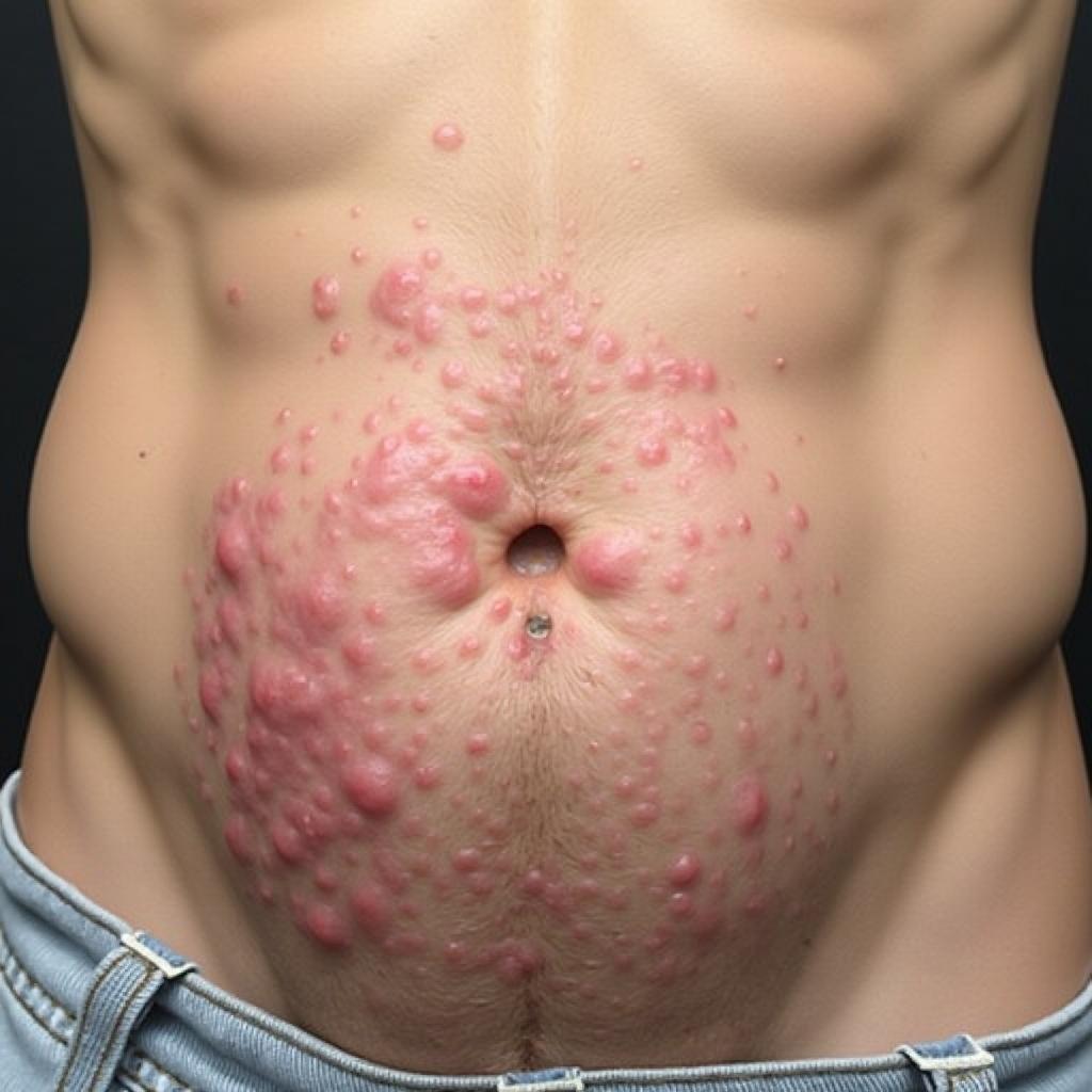 Hình ảnh mụn trứng cá thông thường ở vùng kín nam, sưng đỏ, có nhân trắng